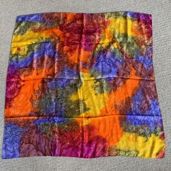 SILK square scarf multicolor watercolor design women’s 38” - Picture 3 of 11